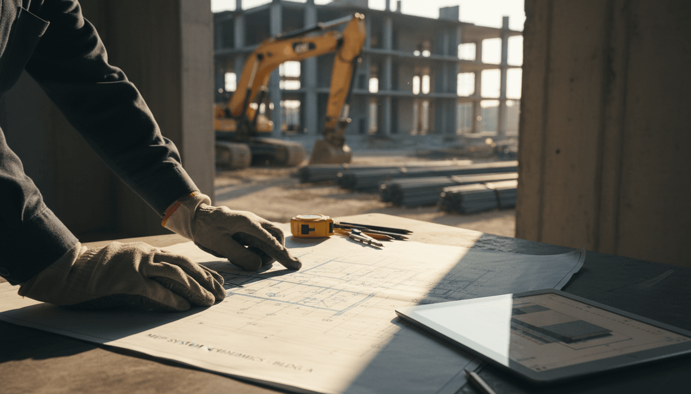 Engineer reviewing MEP system blueprints and technical plans for building project
