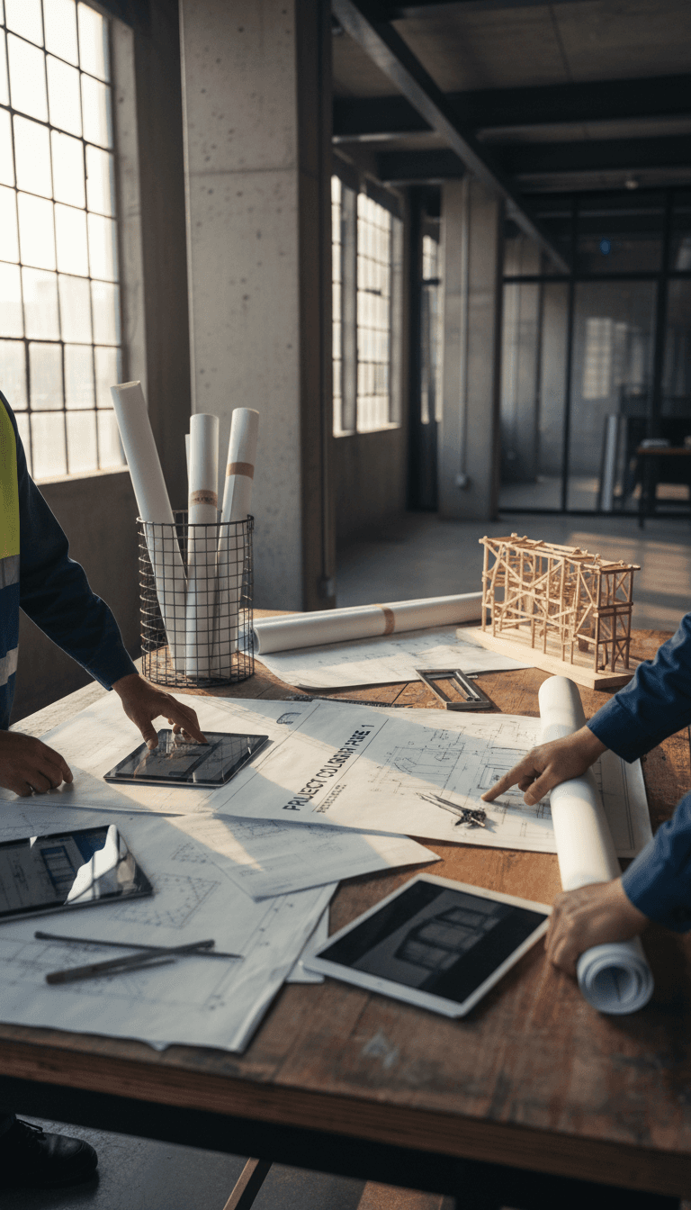 Engineering team reviewing MEP and civil design plans on a technical work table