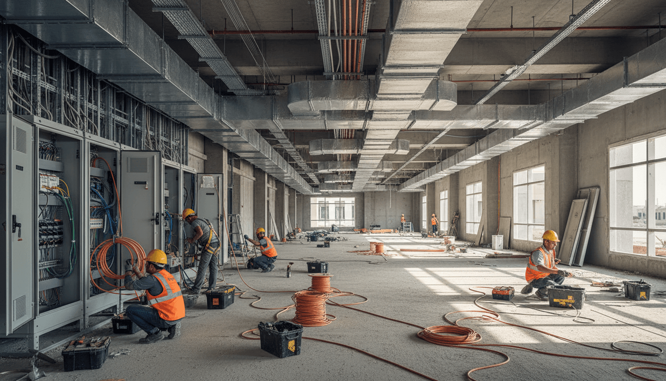 Technicians installing mechanical, electrical, and plumbing systems on an active commercial construction site in Dubai