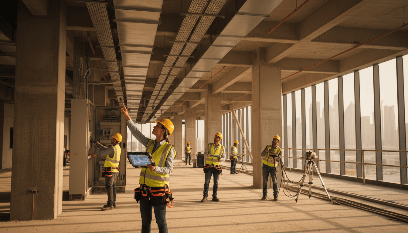 Titan Waves engineers and technicians working on MEP installation at a commercial construction site in Dubai