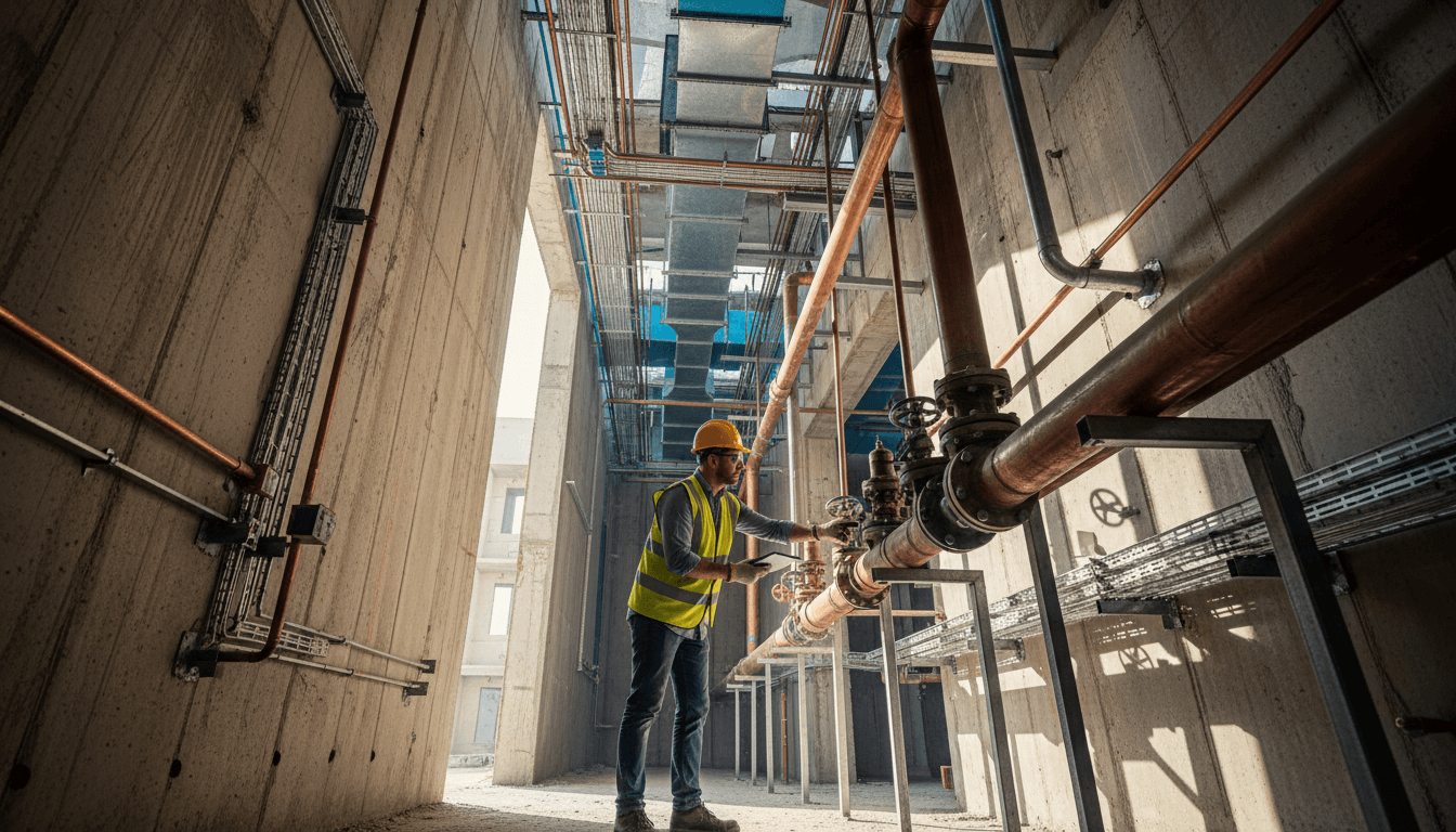 MEP technician inspecting mechanical and electrical systems on a commercial construction project