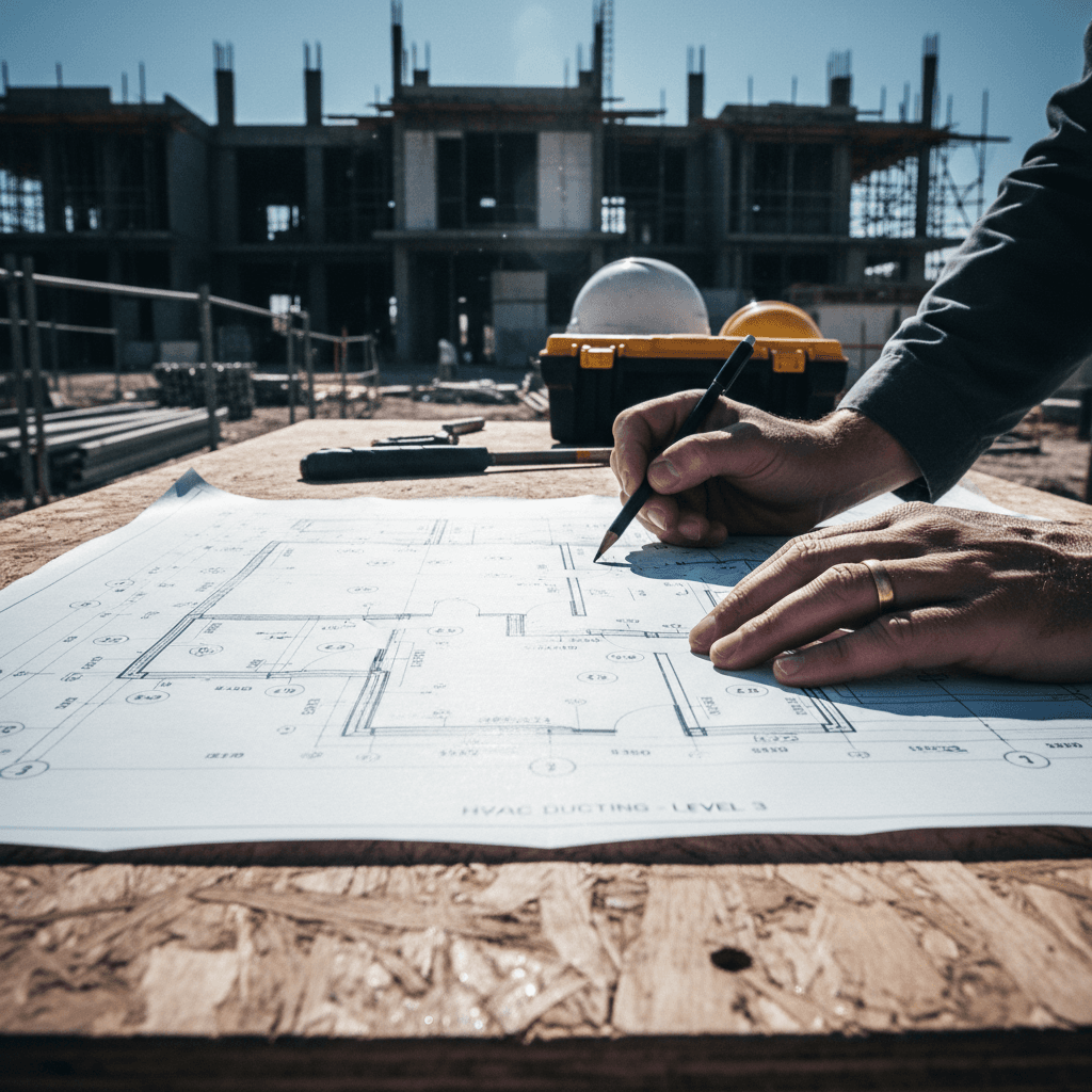 Engineering blueprints being reviewed on site