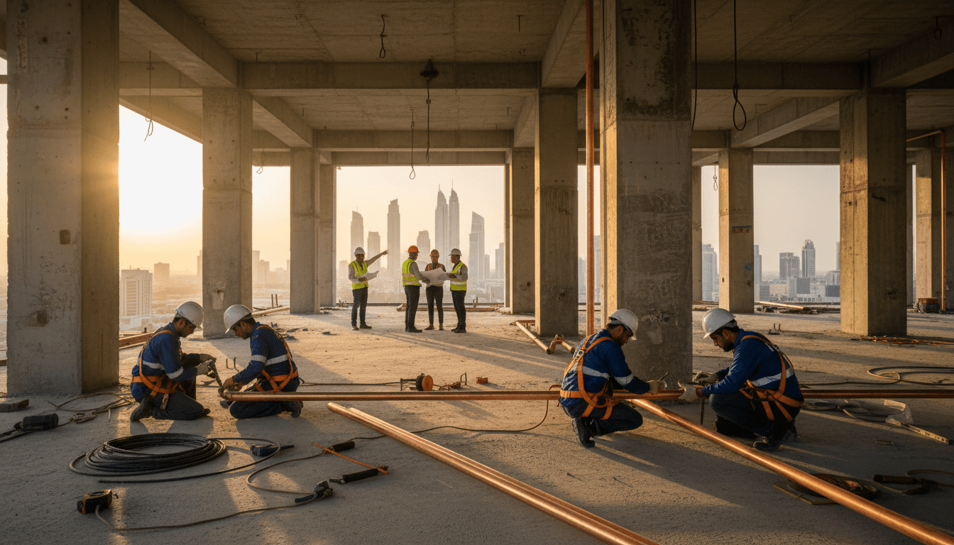 Electromechanical technicians installing MEP systems on a construction site in Dubai