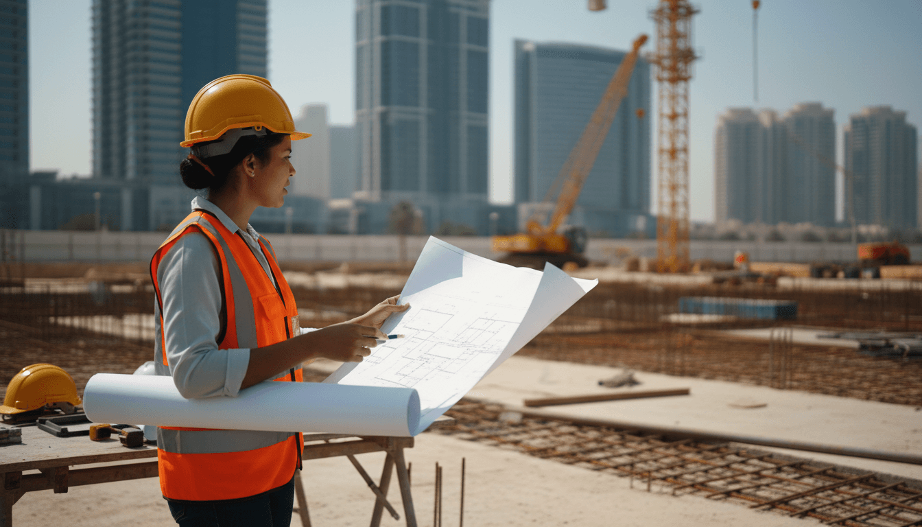 Engineer reviewing MEP system blueprints on a Dubai construction site