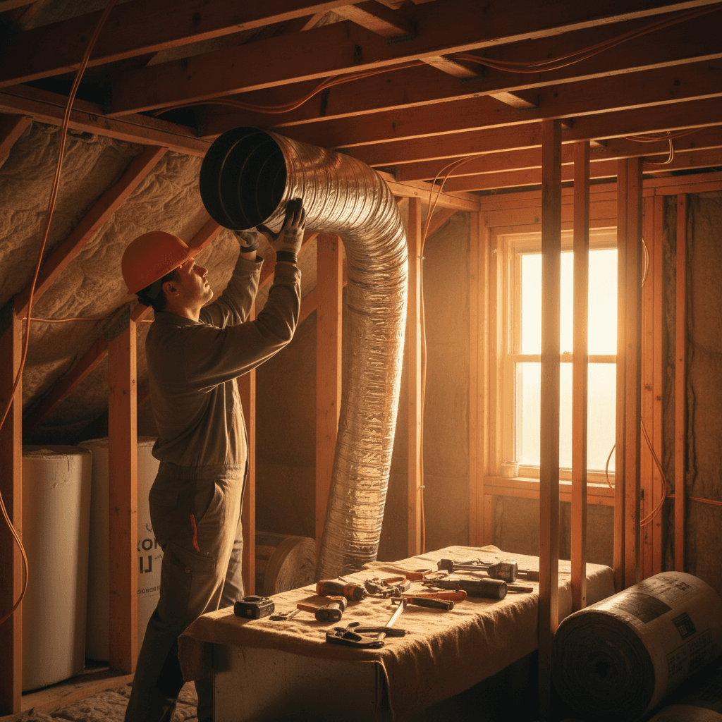 Technician installing HVAC ductwork