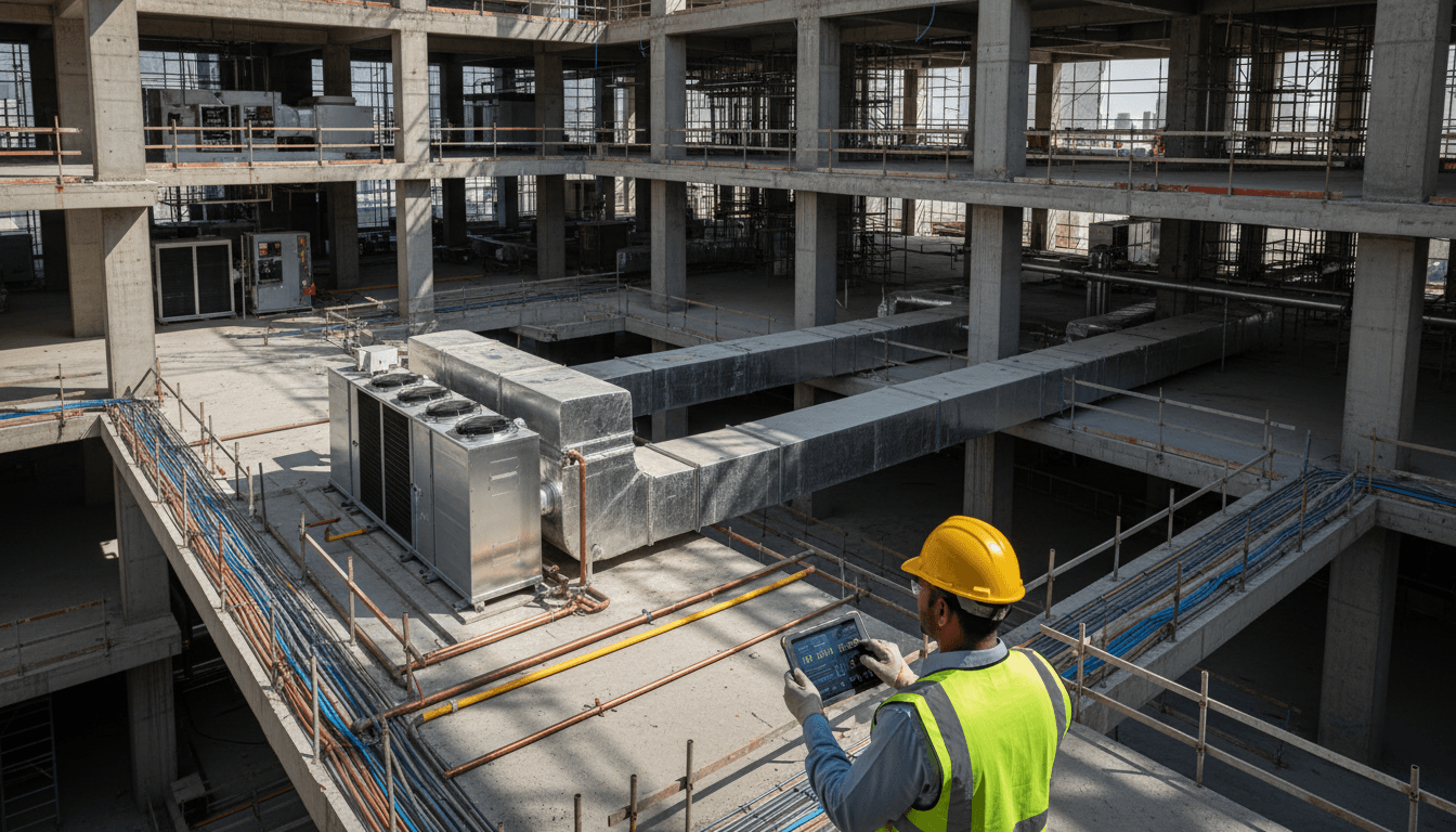 Technician inspecting MEP systems on a multi-story commercial construction site in Dubai