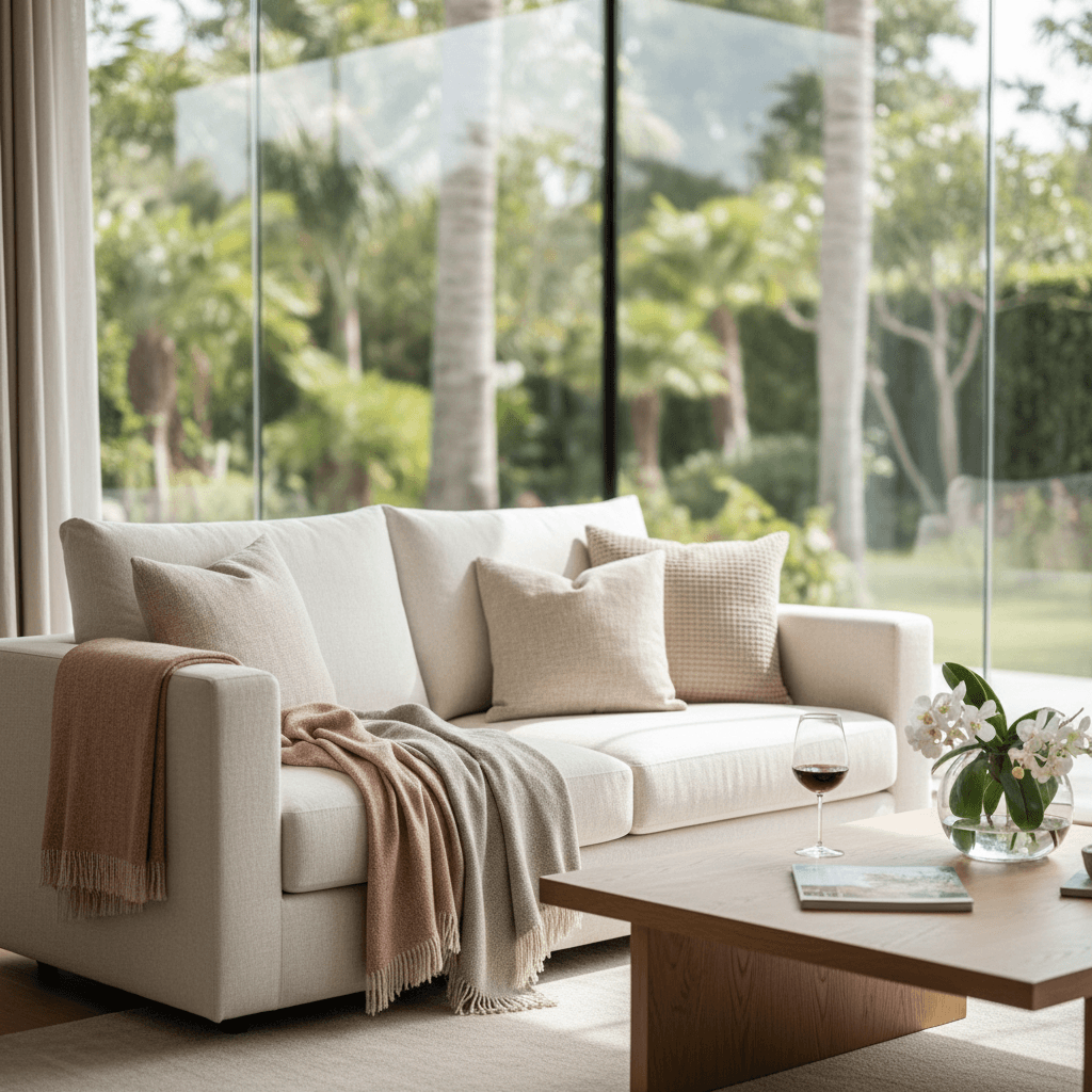 Cozy villa living room interior with textured seating, soft lighting, and garden views through windows