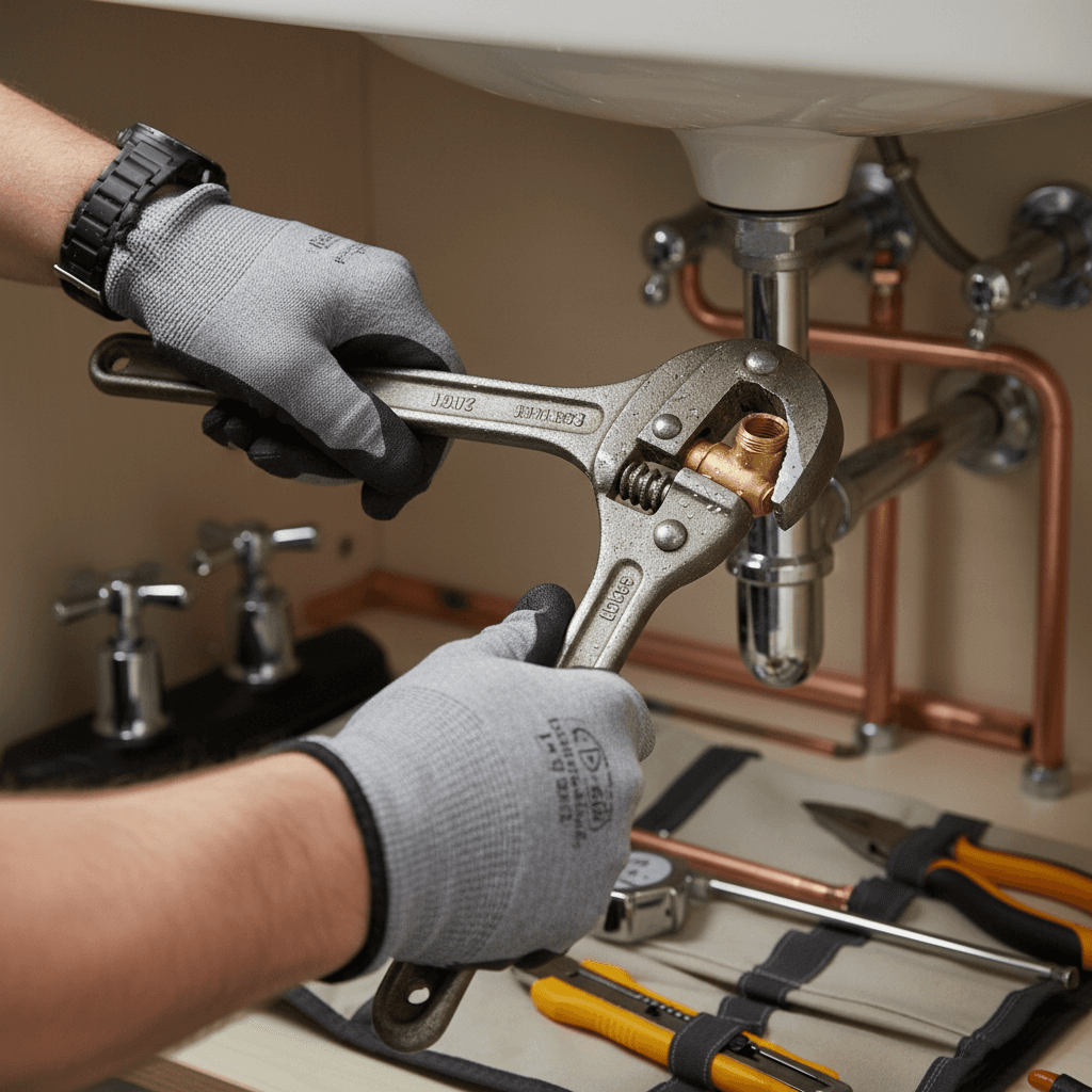 Licensed plumber's hands tightening brass fitting on copper pipe beneath residential bathroom sink with precision