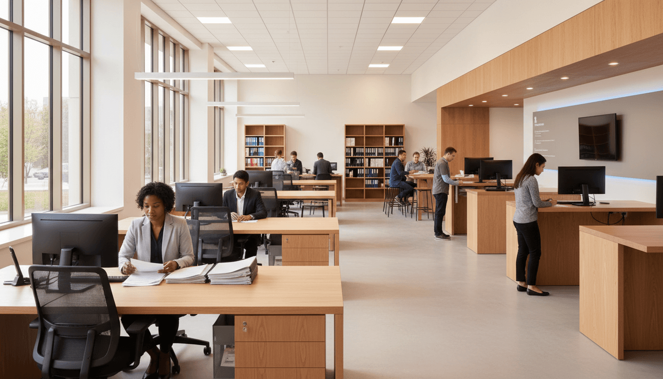 Modern administrative services center with customers at service desks and workstations, staff providing assistance in bright, organized interior