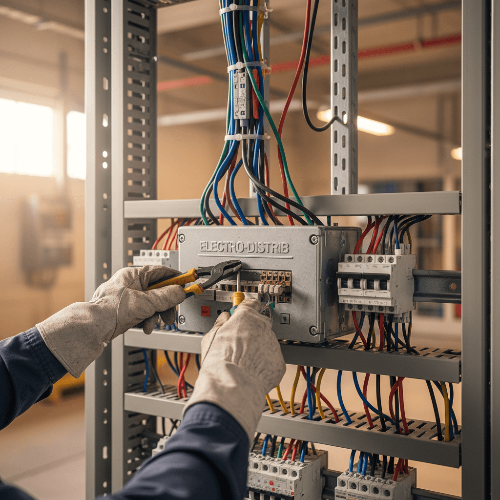 Electrician's gloved hands adjusting wiring and circuit breaker panel connections with specialized tools and precise arrangement