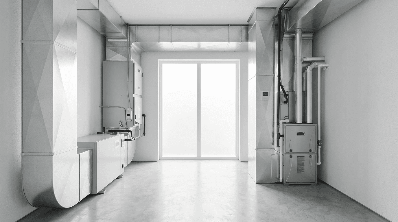 Technicians installing mechanical, electrical, and plumbing systems on an active commercial construction site in Dubai