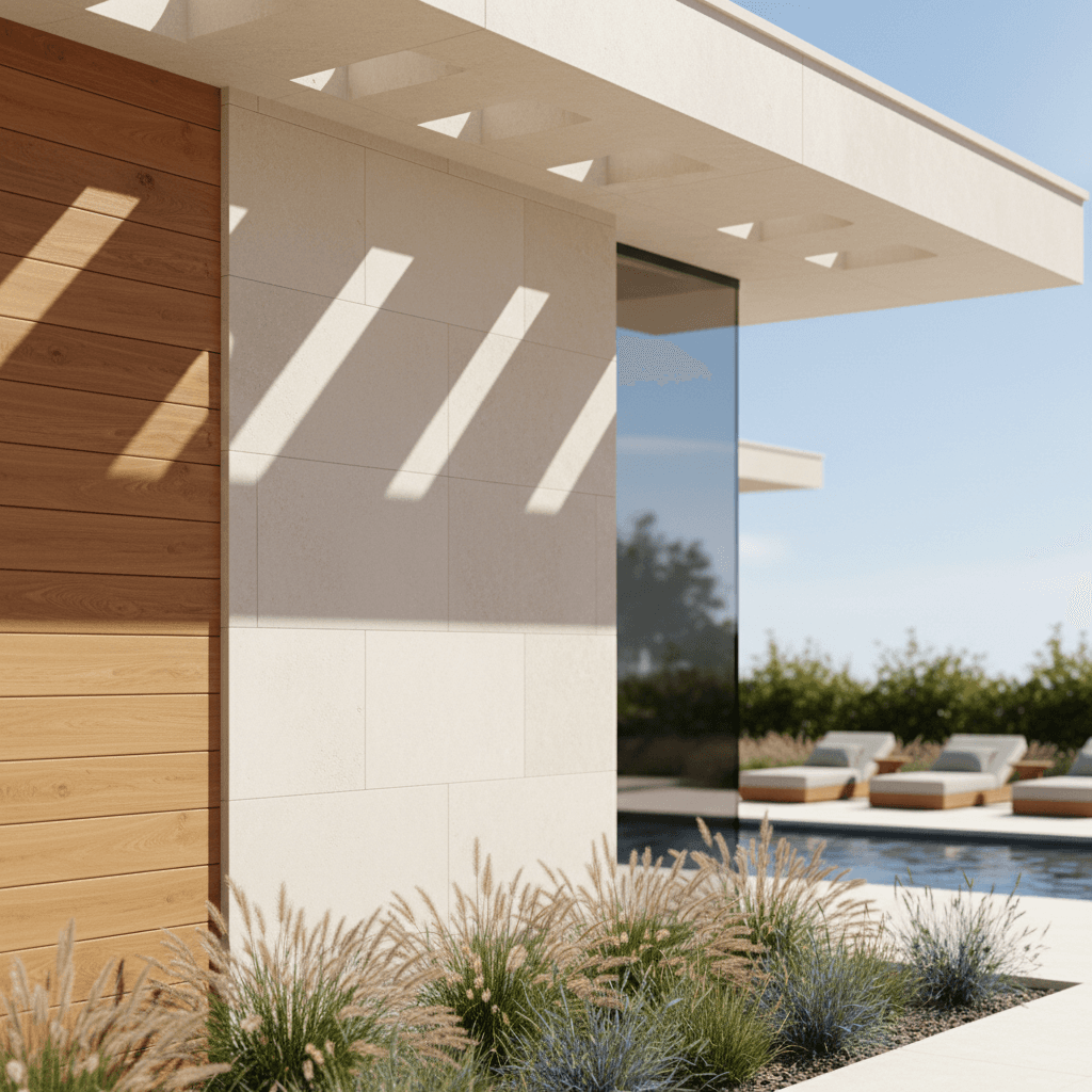 Luxury villa architectural detail showing premium stone and wood materials with geometric design elements and landscaping