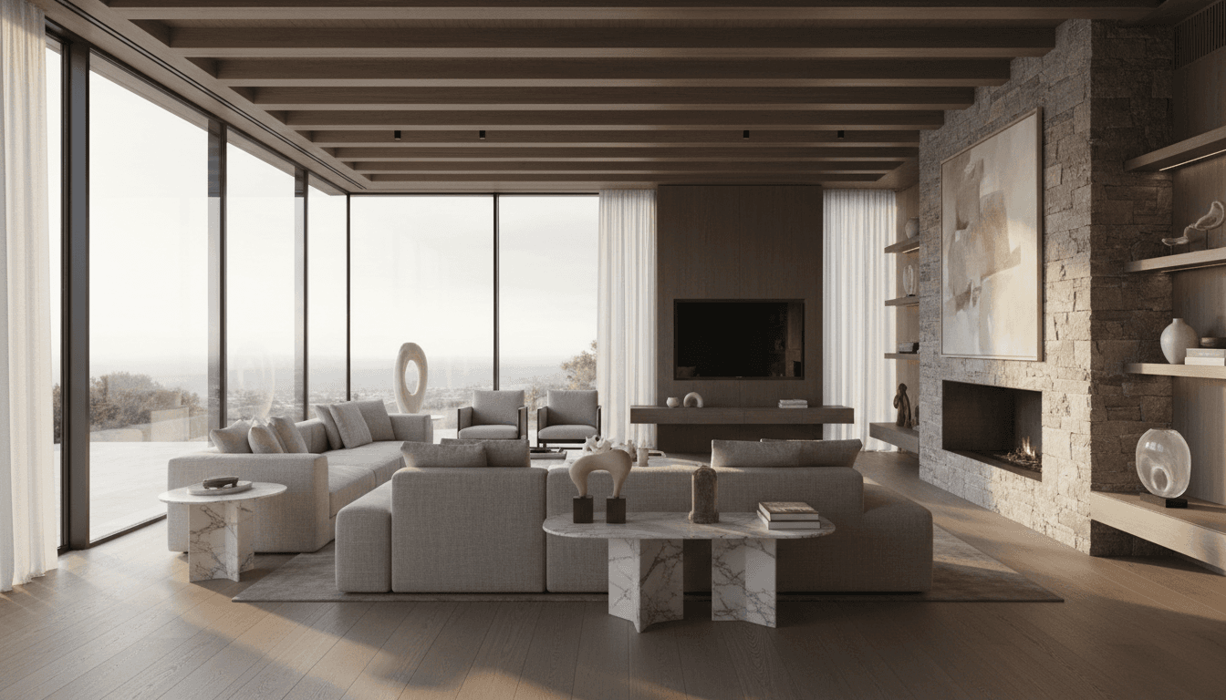 Sophisticated modern villa living room with marble accents, wooden beams, and floor-to-ceiling windows bathed in golden light