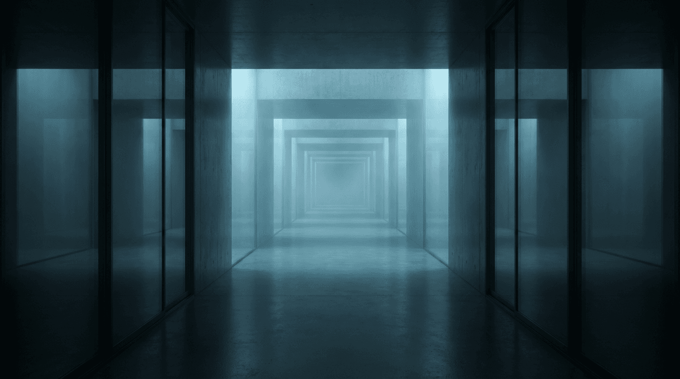 Minimalist architectural corridor receding into soft blue mist with diffused light rays suggesting secure access.