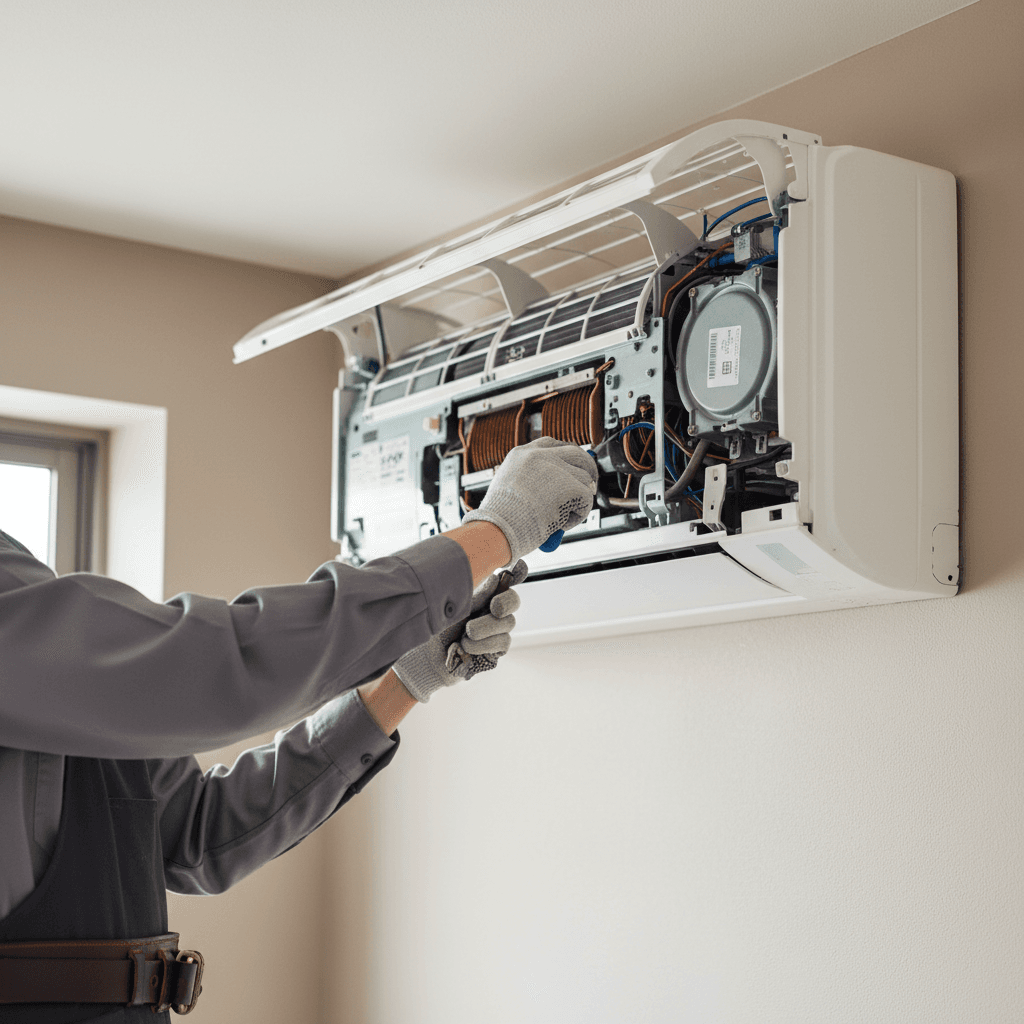 HVAC technician's hands inspecting and adjusting internal components of residential air conditioning unit with precision tools