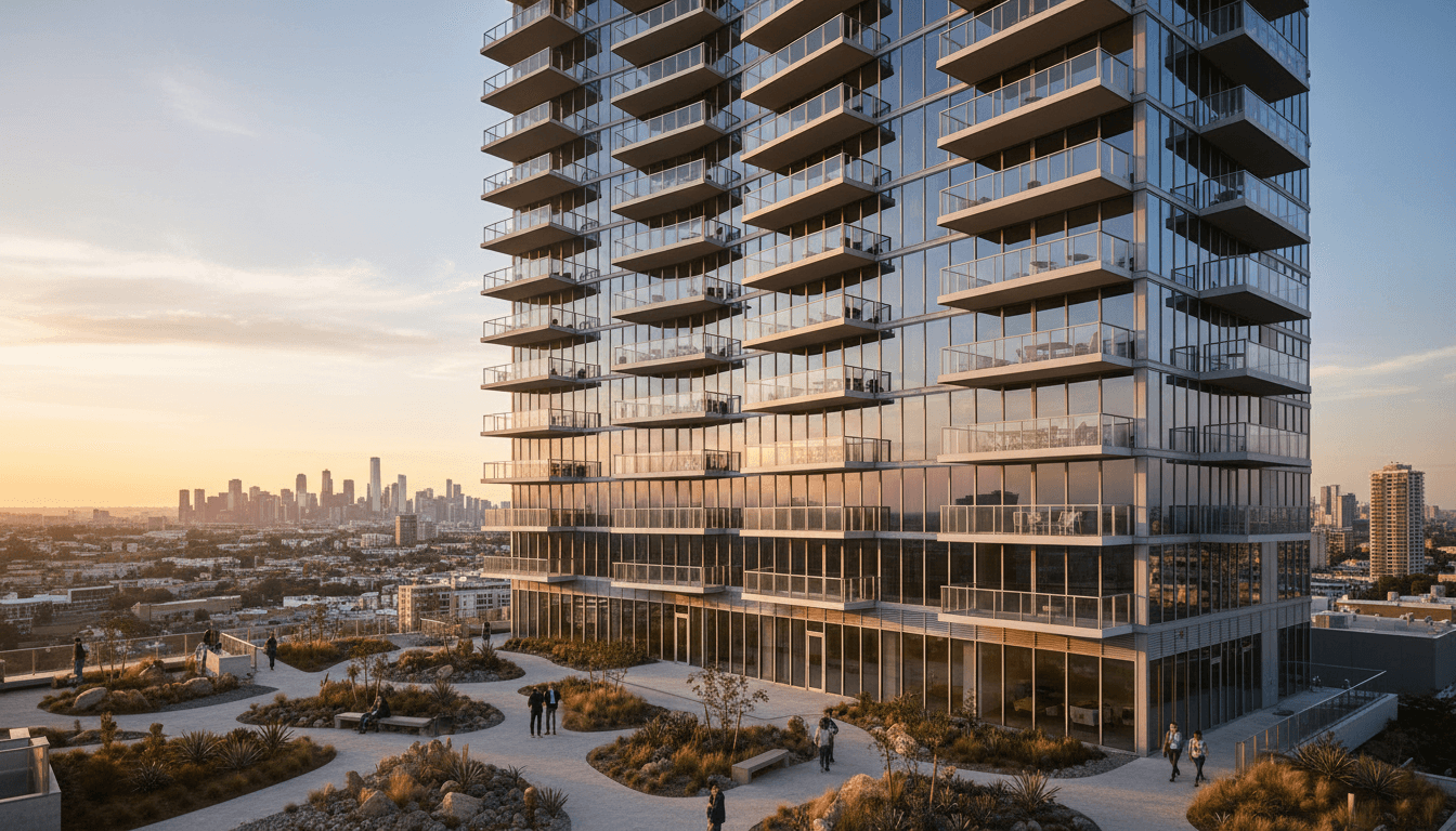 Modern luxury residential high-rise building photographed at golden hour with glass balconies and city skyline views