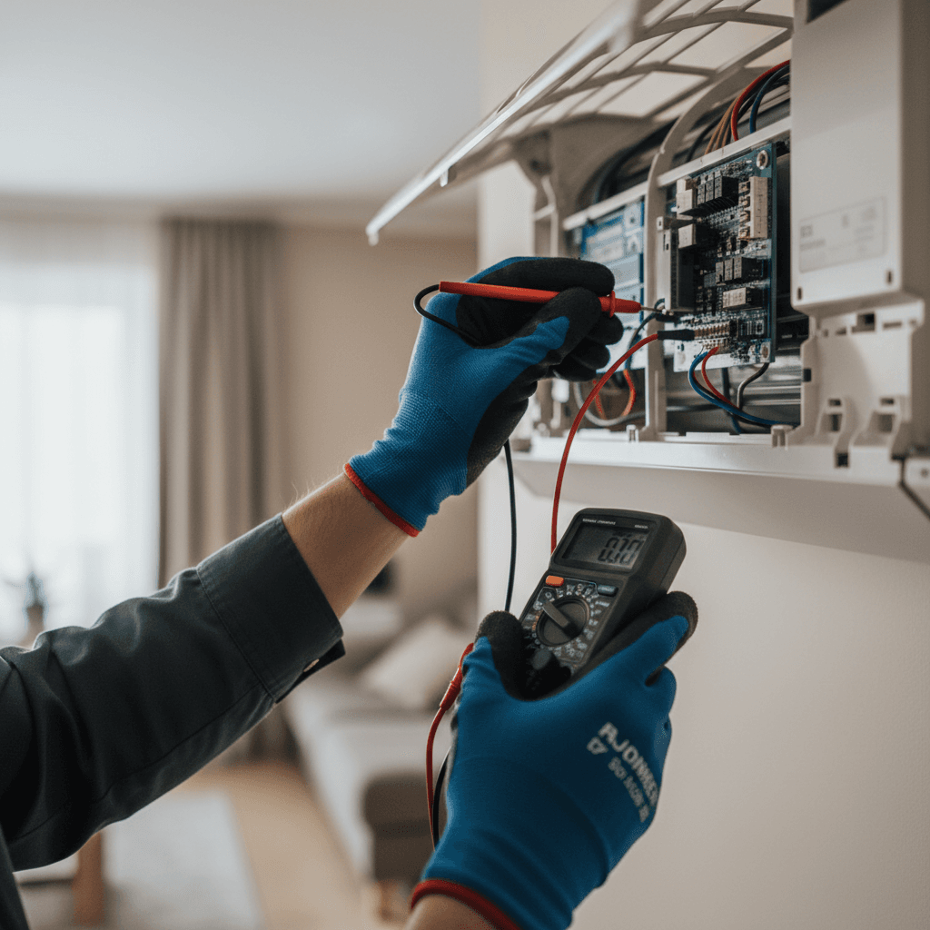 HVAC technician's hands testing electrical connections on residential air conditioning unit with digital multimeter