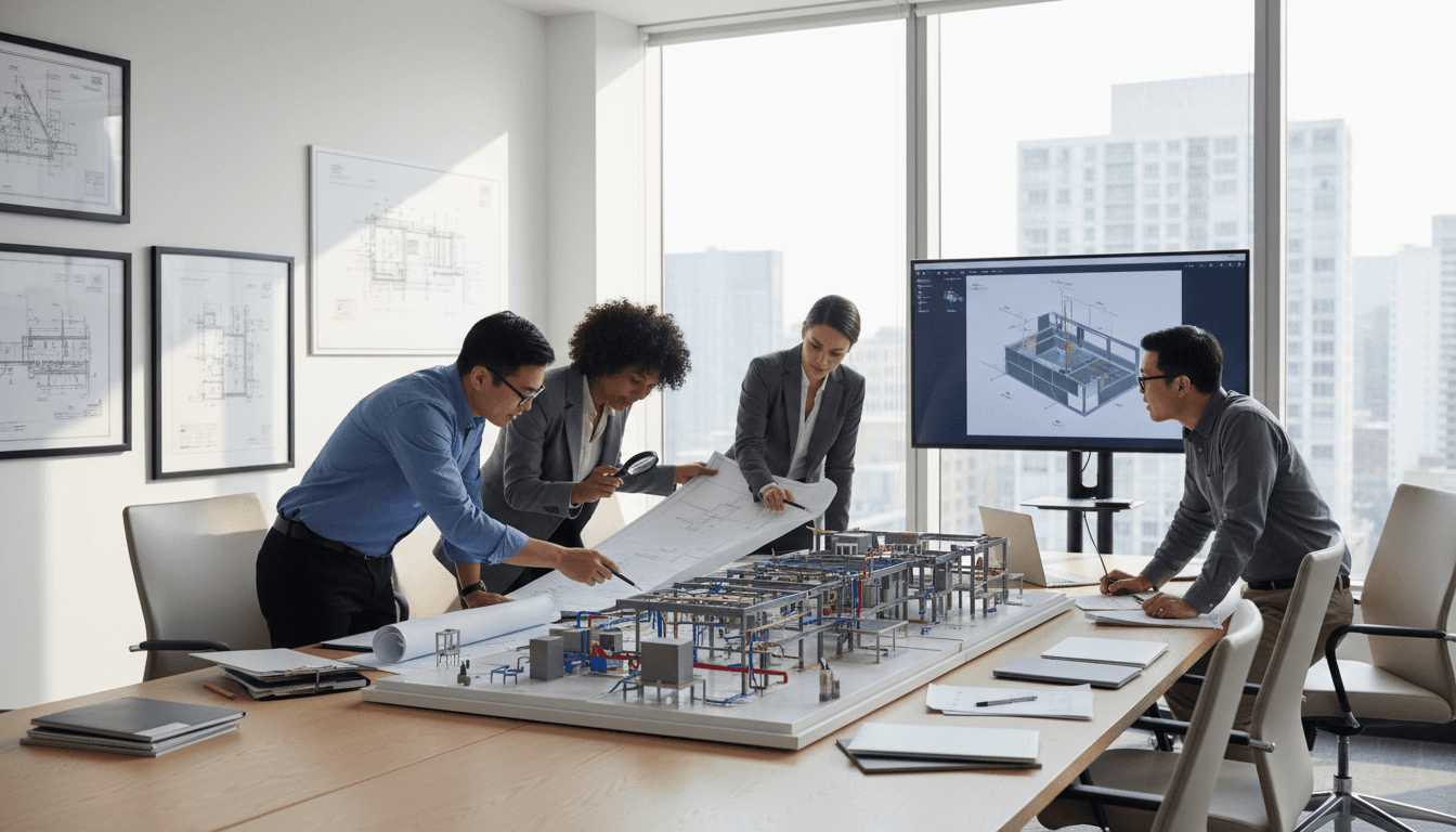 Multi-disciplinary engineering team collaborating around construction model and blueprints in modern conference room