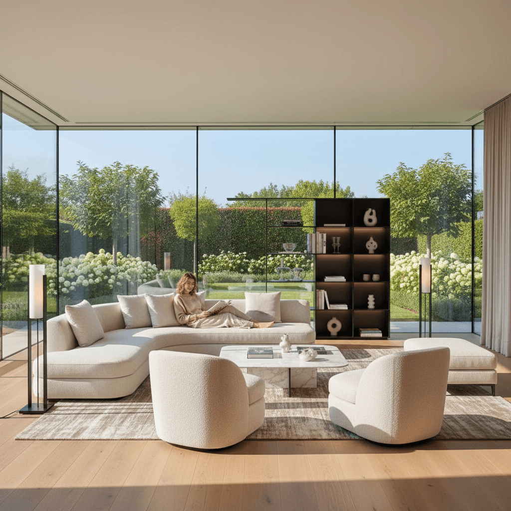 Sophisticated villa interior with designer furniture, expansive windows, and natural garden views in neutral tones