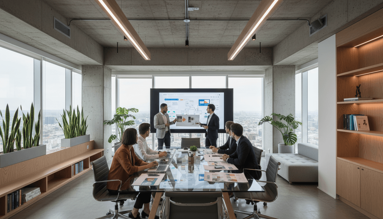 Modern web design agency office with diverse team collaborating around glass table, viewing website mockups and design prototypes on screens and laptops during client presentation
