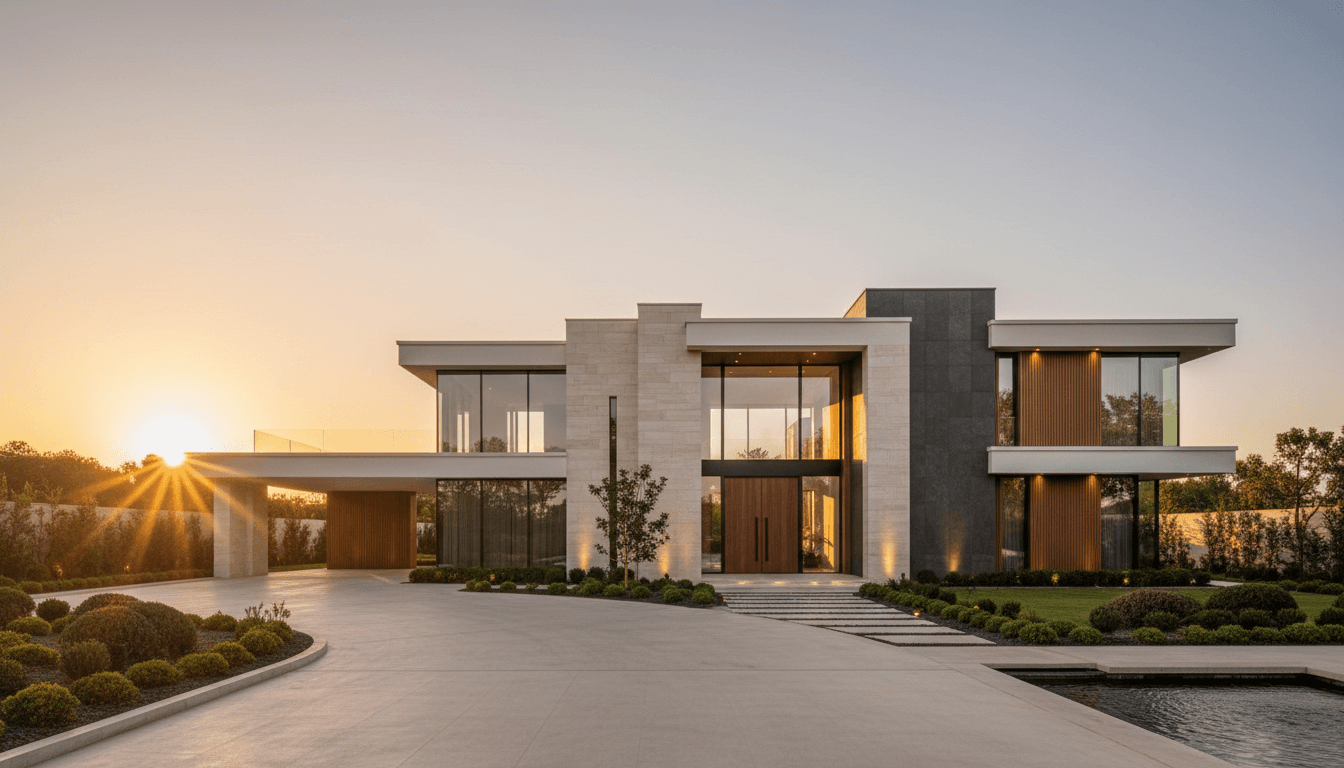 Modern luxury villa exterior with geometric architecture, glass panels, and landscaping at golden hour sunset