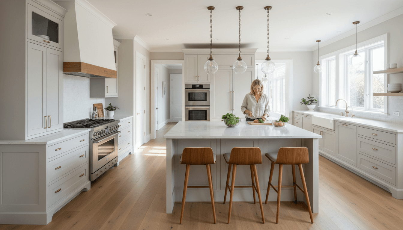 Newly renovated luxury kitchen with custom cabinetry, quartz counters, island seating, and modern appliances with natural light