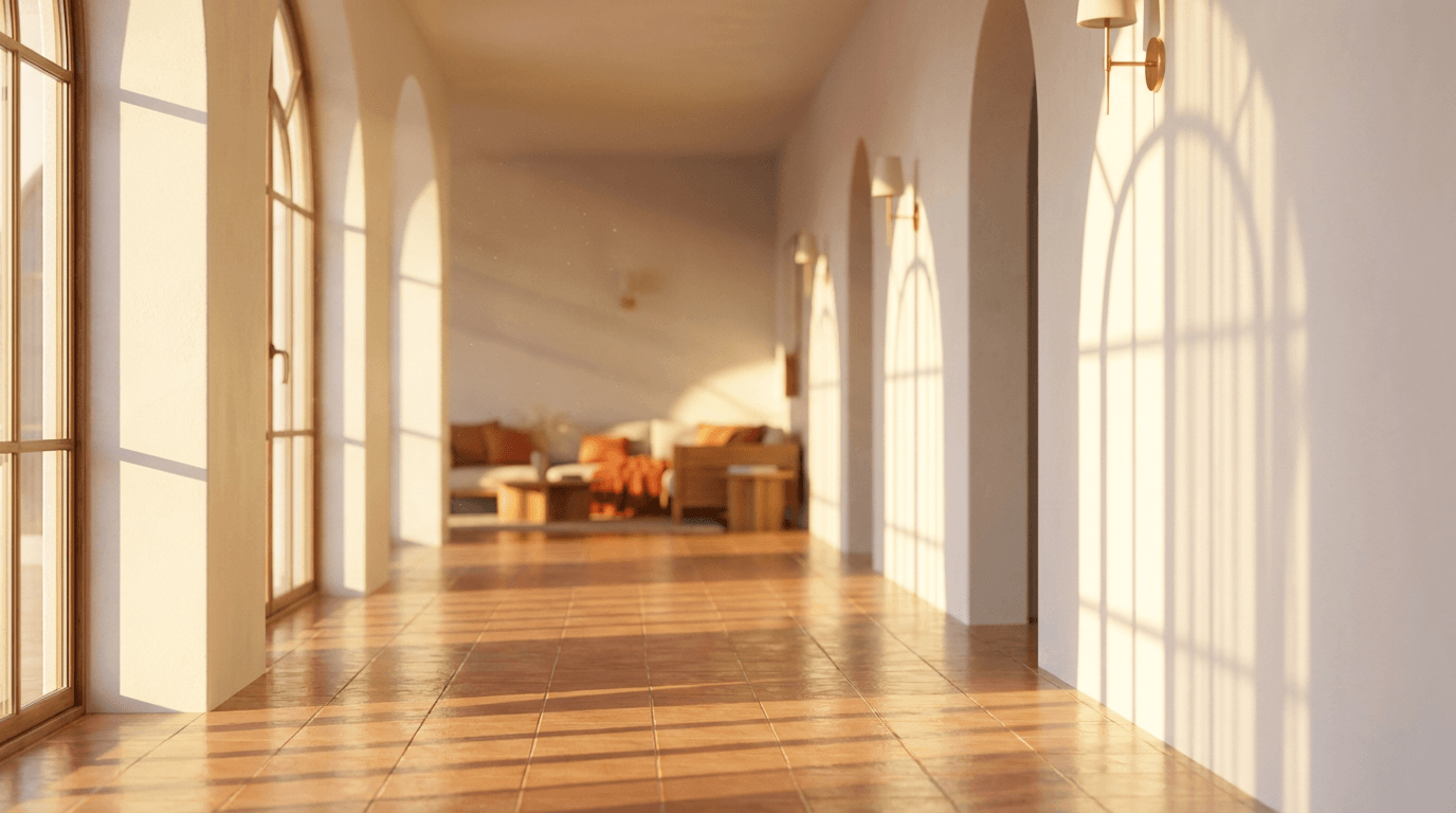 Sunlit villa hallway with dramatic shadow patterns, arched doorways, and polished terracotta floor in warm golden light
